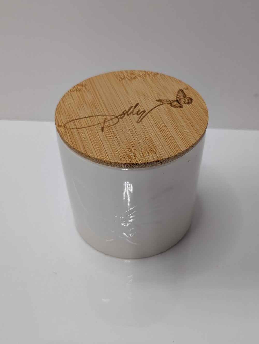 Dolly Parton White Ceramic Jar with Bamboo Lid and Butterfly Accent